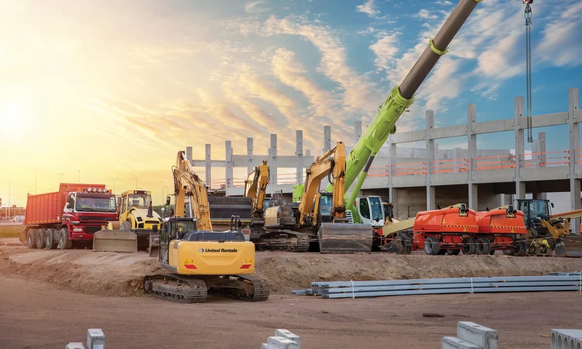 Heavy construction equipment and vehicles, including a United Rentals excavator and a large crane, at a building construction site.