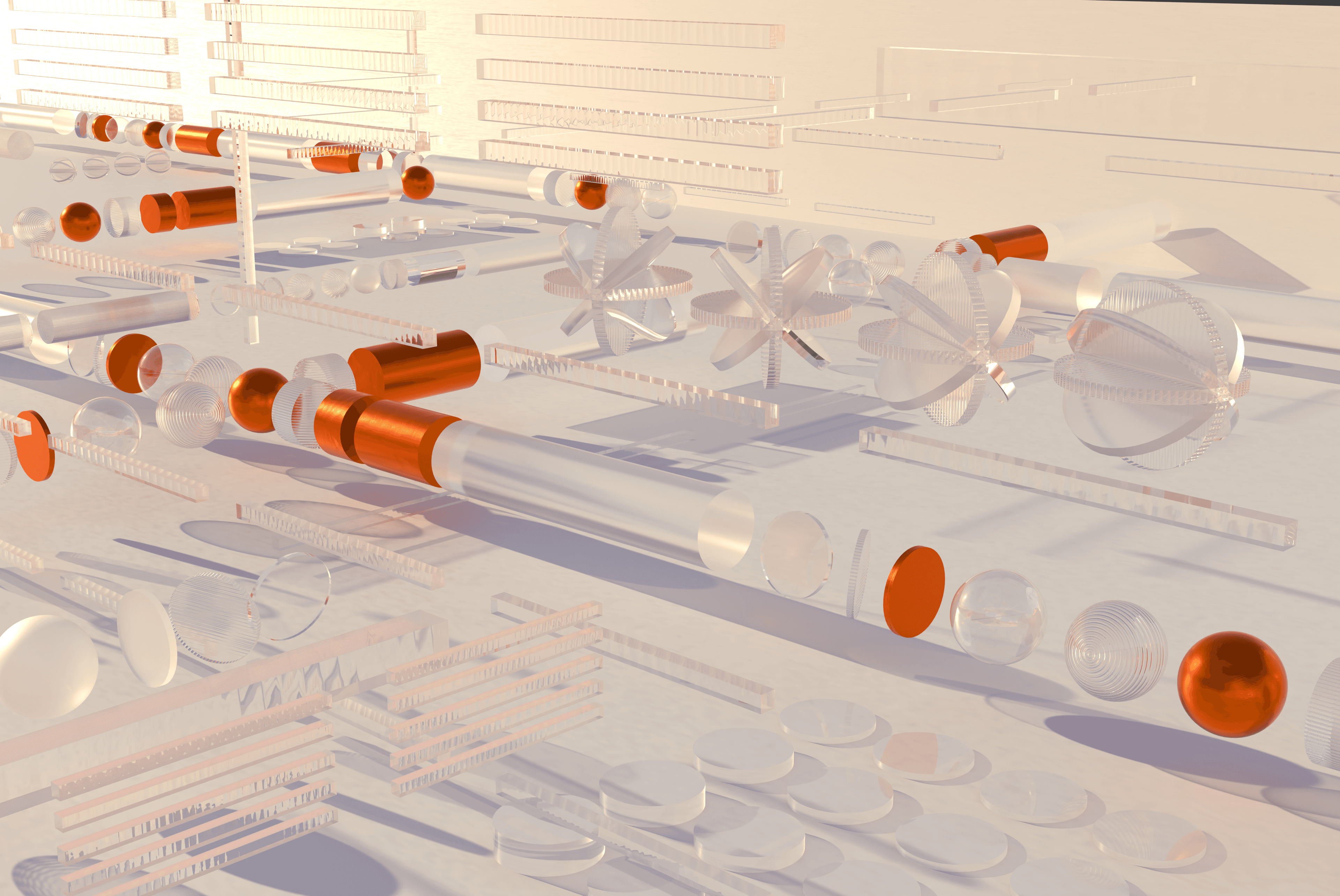 A conceptual 3D graphic of abstract geometric shapes made of clear glass and metallic copper arranged in rows.