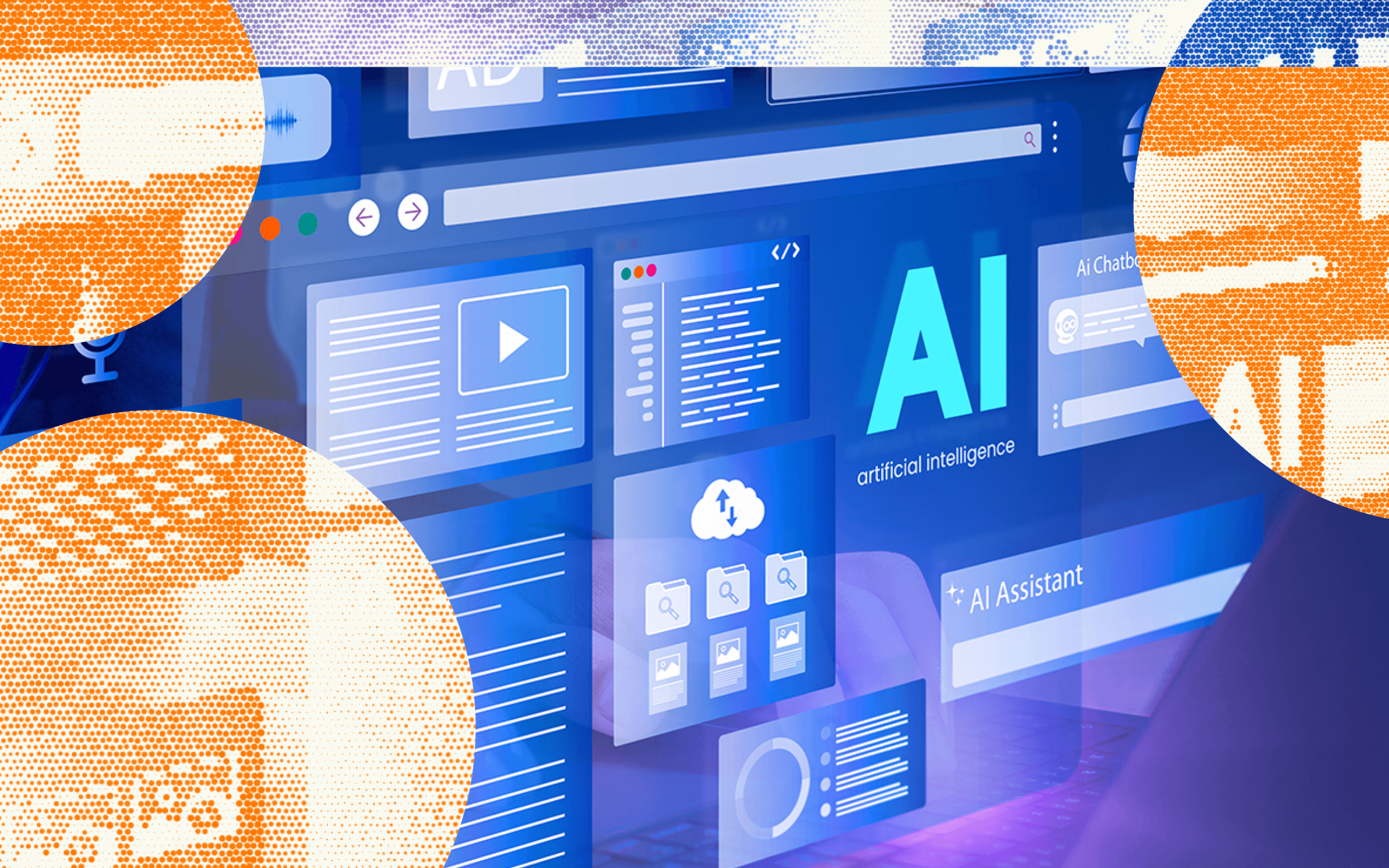 An abstract digital collage showcasing artificial intelligence software interfaces. In the center, a blue web browser window displays various functional panels, including a large turquoise "AI artificial intelligence" logo, a media player icon, file folder structures, and an "AI Assistant" prompt. The digital screen is overlaid with large, textured, grain-effect orange circular frames that partially mask and abstract the interface, symbolizing user experience, software development, and modern AI integration.