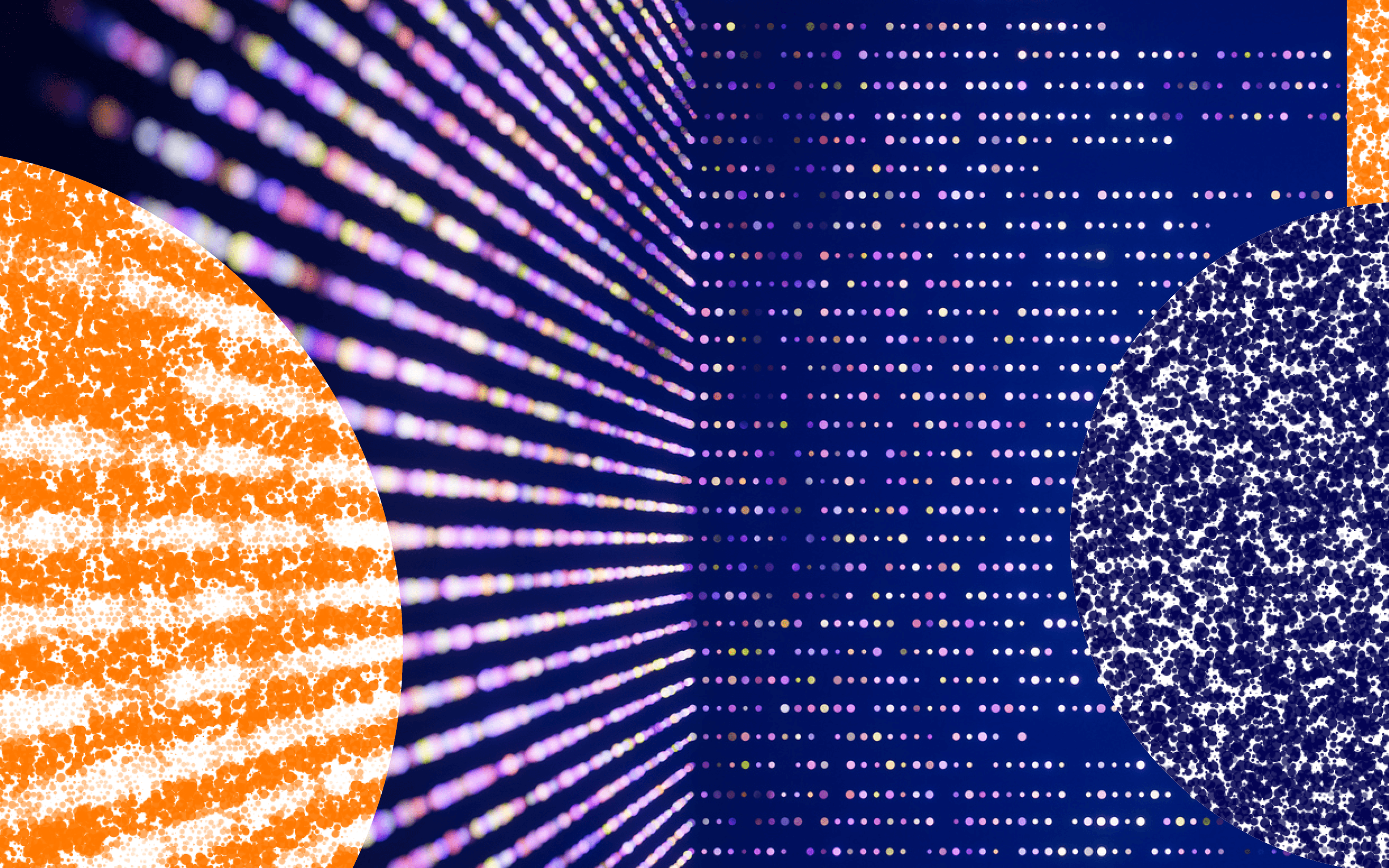 Collage-style graphic of a deep blue field of multicoloured dots receding into perspective, layered with grainy orange and navy circular textures.