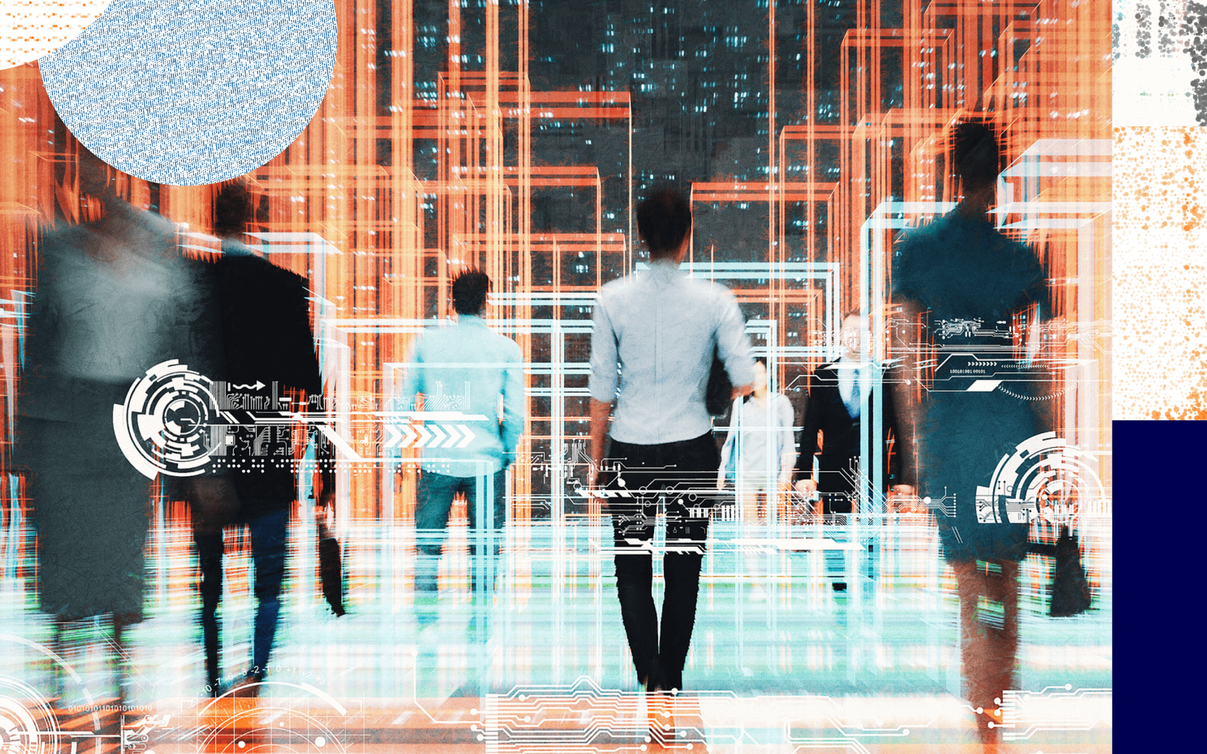Abstract digital graphic of people walking through a conceptual digital environment layered with glowing wireframes and circuit interface data.