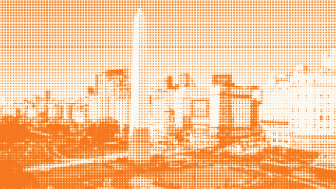 Vista urbana abstracta en tonos naranja y blanco, con edificios representados mediante una trama de puntos.