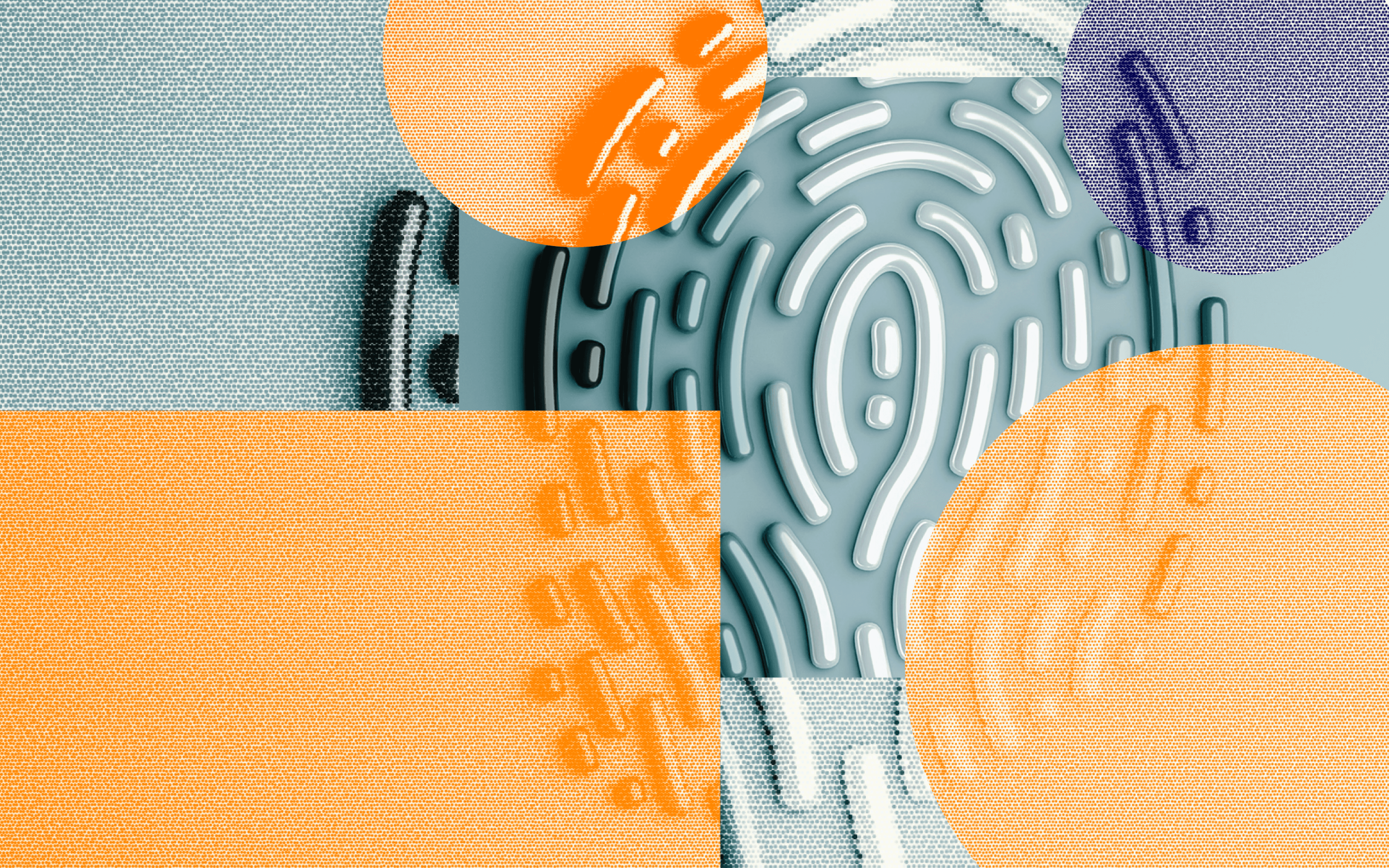 An abstract digital collage symbolizing identity, security, and biometrics. The central image is a stylized, three-dimensional light blue fingerprint pattern with smooth, raised ridges. This central graphic is layered with textured geometric overlays, including a solid orange rectangle in the lower-left, two textured orange circles, and a speckled purple sphere in the top-right, creating a modern, textured design focused on digital security.