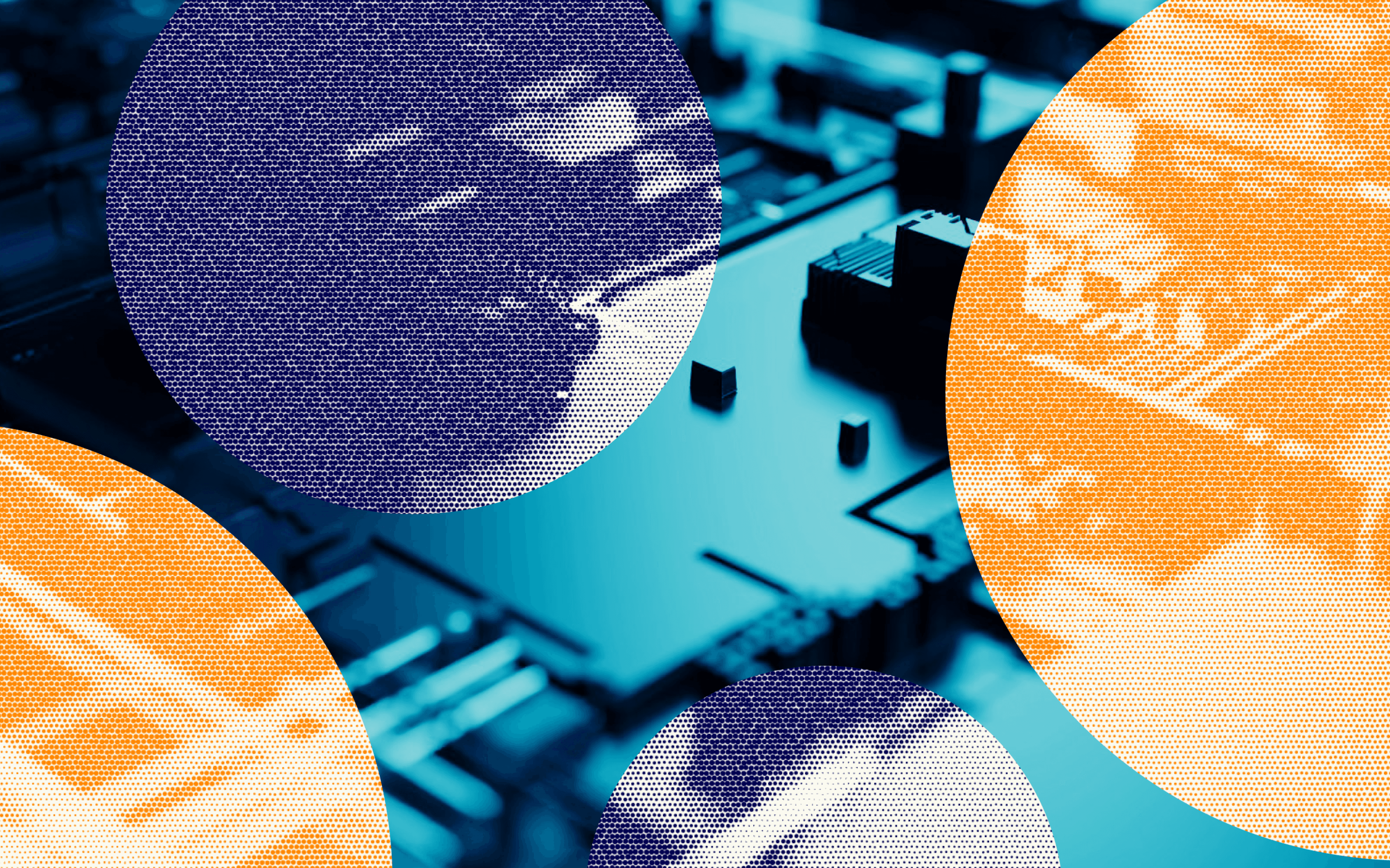 Collage-style graphic of a close-up circuit board in teal tones, overlaid with large halftone circles in navy and orange.