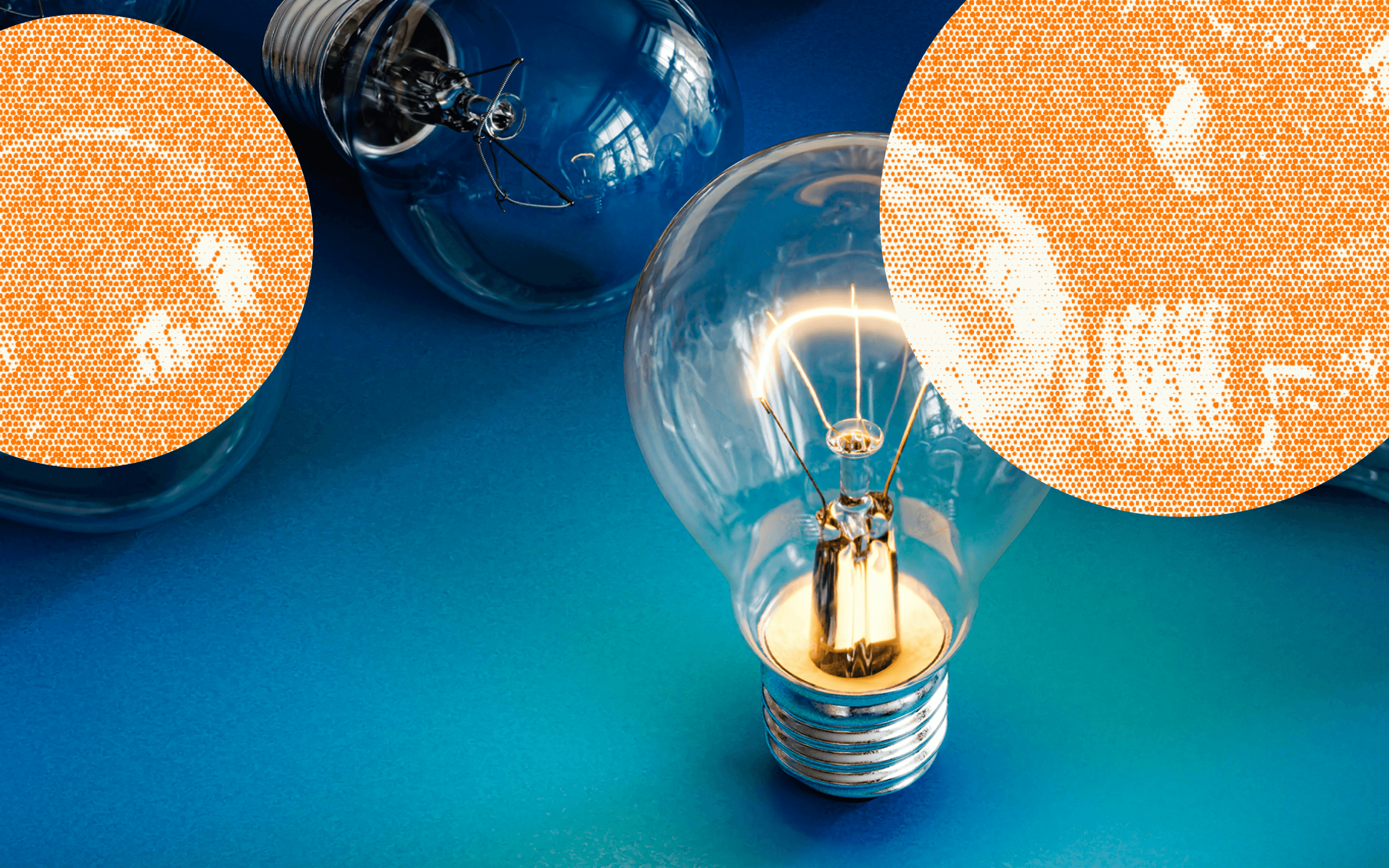 An abstract digital collage symbolizing innovation and ideas, set against a dark teal background. A single, glowing incandescent light bulb stands upright in the center, surrounded by several unlit bulbs lying on their sides. The composition is layered with three large, textured orange circular overlays, which partly obscure the unlit bulbs and draw visual focus to the illuminated center light, representing creativity, inspiration, and standing out.