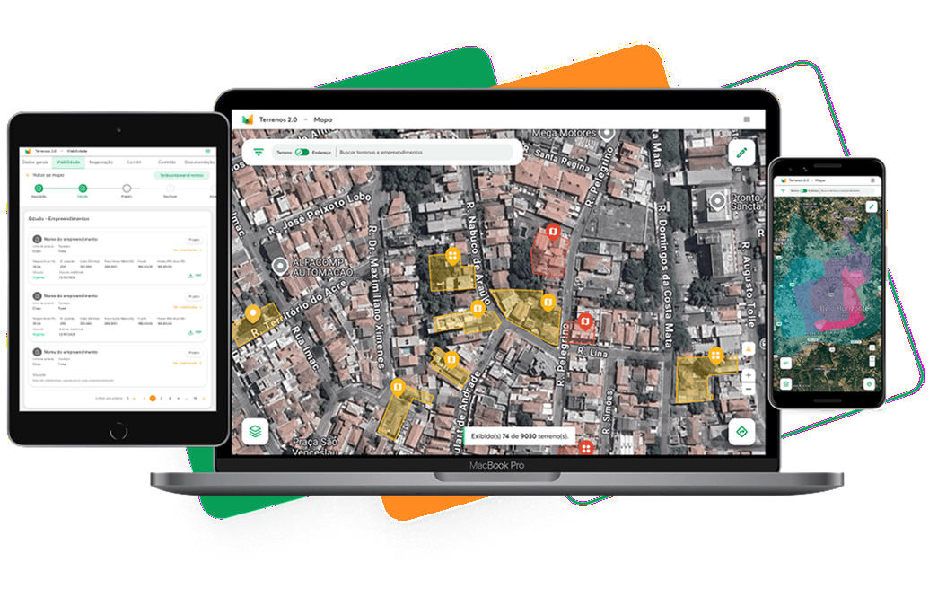 Multi-device mockup of MRV's Terrenos 2.0 platform: a MacBook Pro centre-stage shows a satellite map of a city with colour-coded land plots and a property listing panel, flanked by a tablet showing a project viability dashboard and a phone showing a zoned map view, all set against angular green and orange brand shapes.