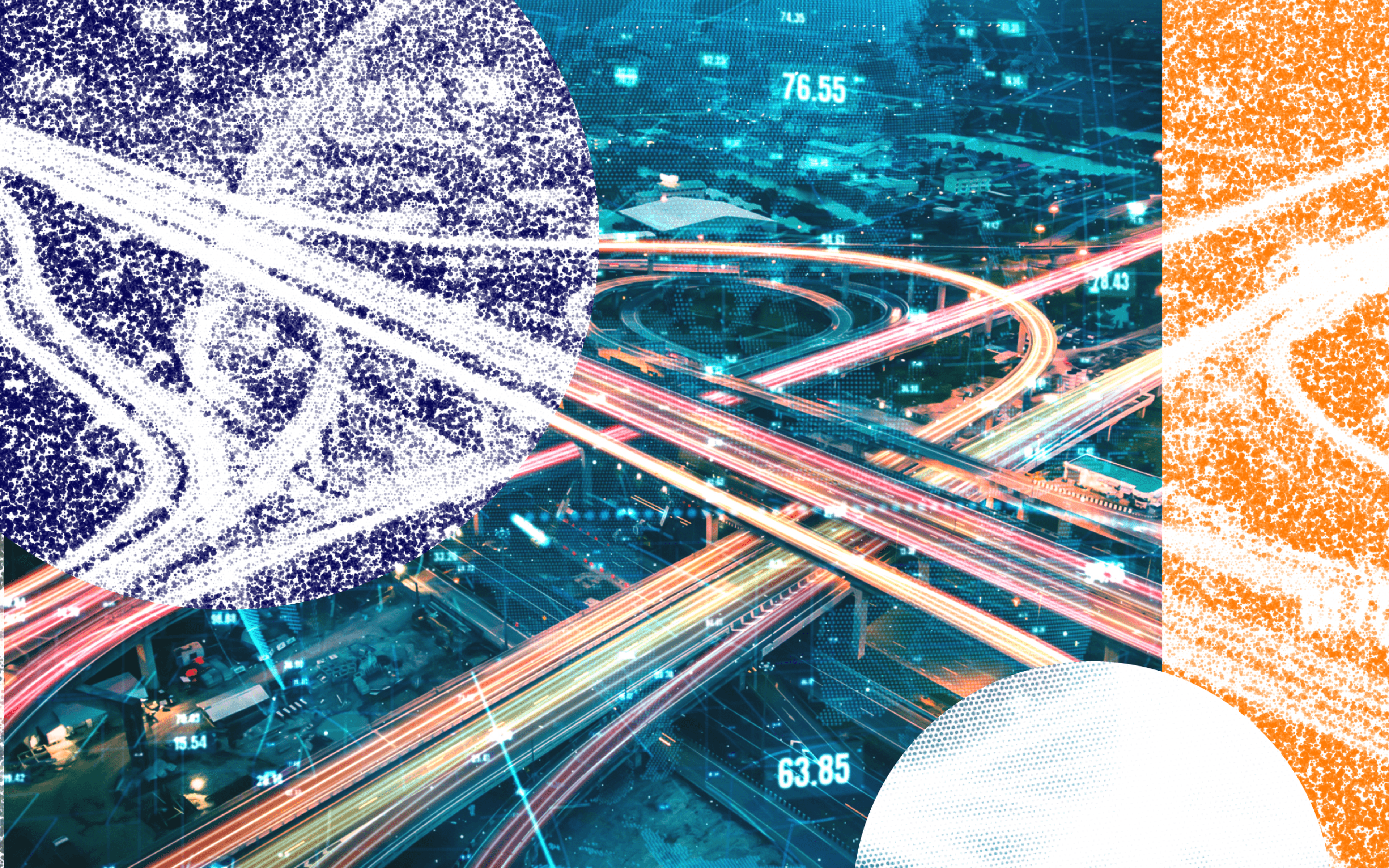 Abstract graphic of a city highway interchange at night overlaid with digital data points and stylized purple and orange textured shapes.