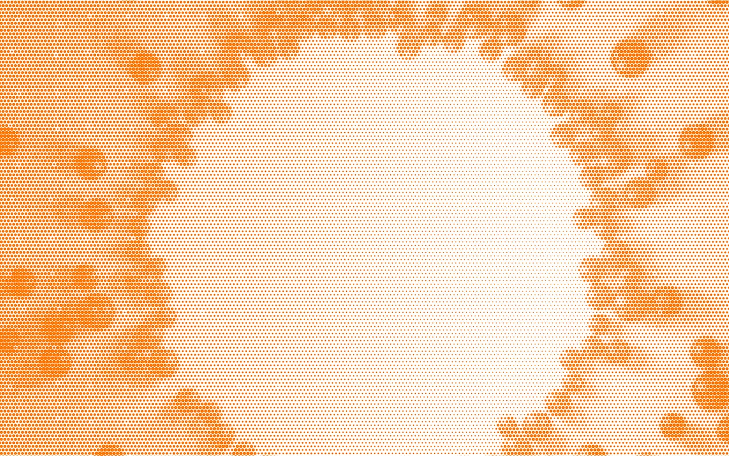 Abstract orange halftone pattern made of varying-sized dots forming soft, organic shapes on a white background.