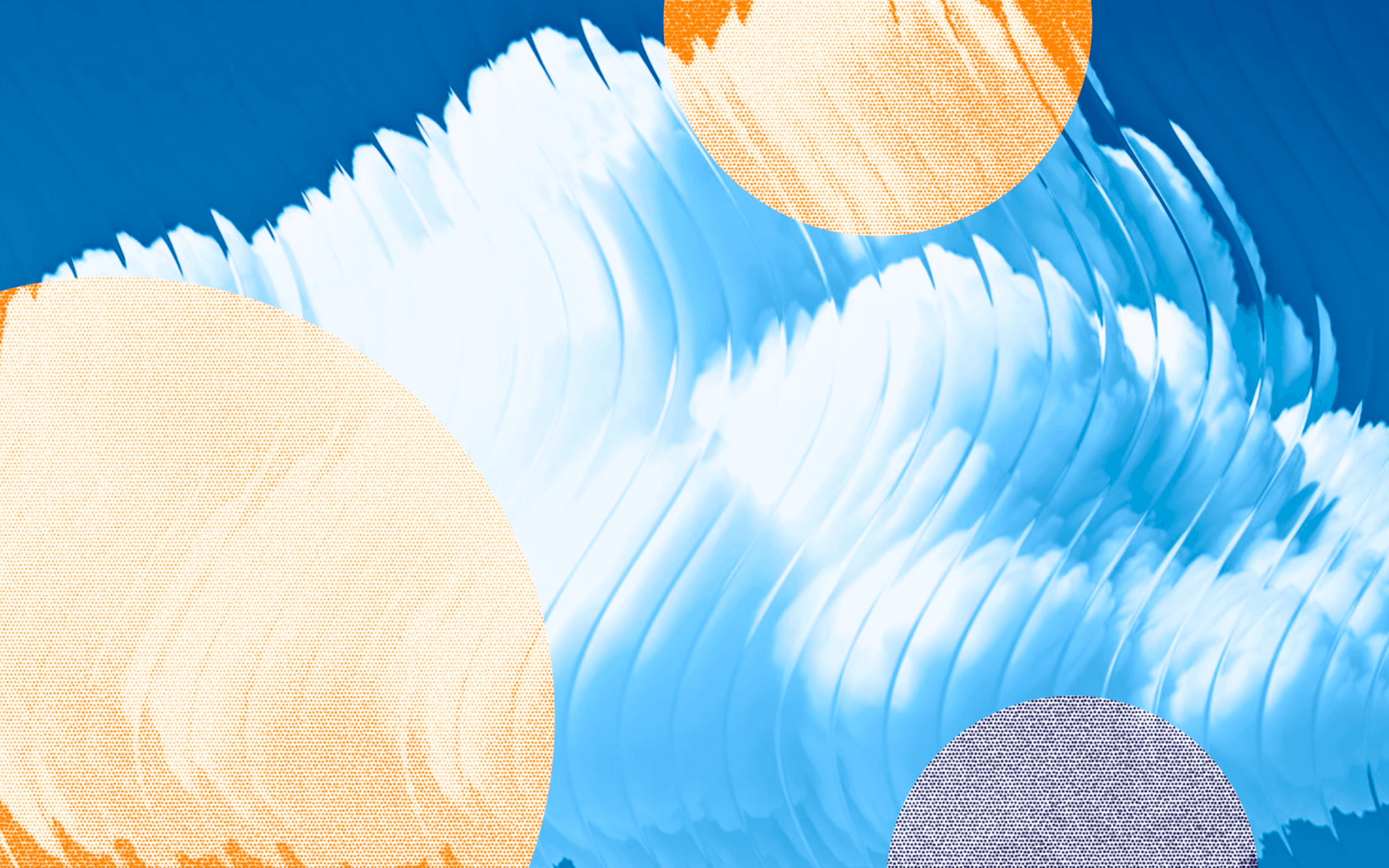 An abstract digital collage featuring a textured, feathered white cloud-like form drifting across a blue rectangular background. The design layers various geometric shapes with grainy textures, including warm orange circles, a speckled blue-grey sphere, and textured rectangular blocks in shades of blue and cream. The composition uses soft, organic textures juxtaposed with clean geometric lines to create a sense of structure, lightness, and modern design.