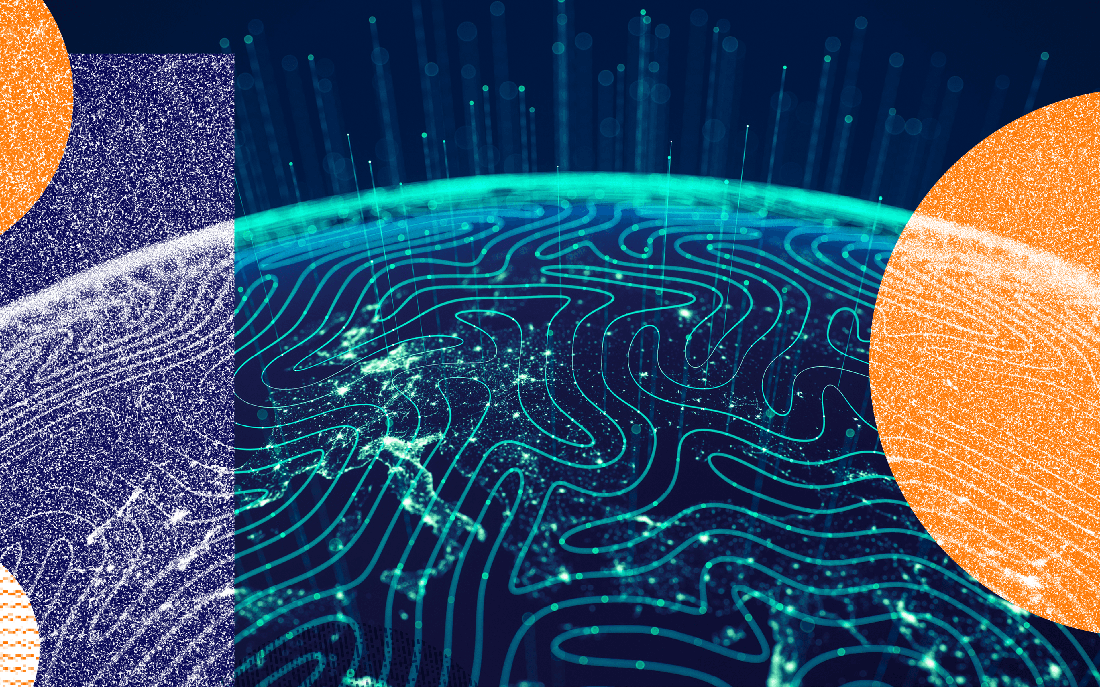 Collage-style graphic of the Earth's curve at night, lit by glowing teal data lines and city lights, layered with orange and blue grainy circles and textured panels.
