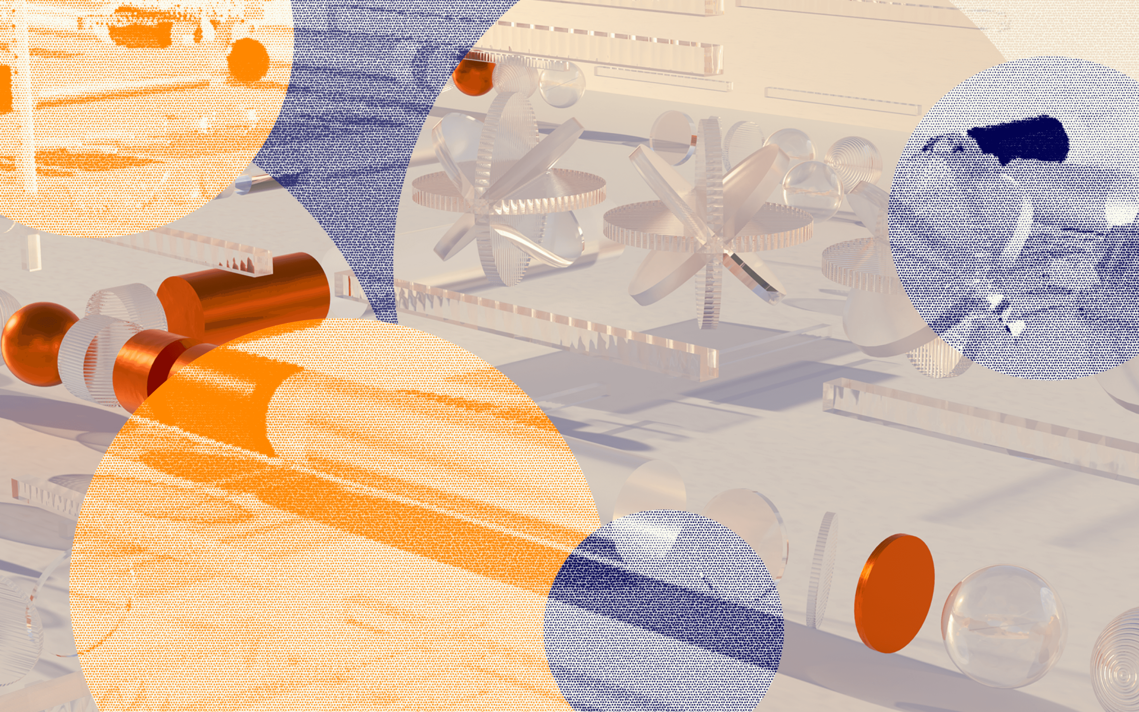 Abstract digital graphic combining a 3D pipeline of geometric glass and copper shapes with layered, colorful circular overlays.