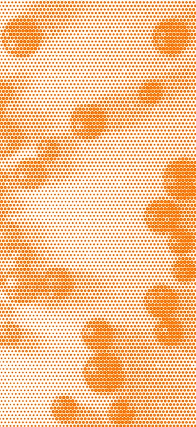 Abstract orange halftone pattern made of varying-sized dots forming soft, organic shapes on a white background.