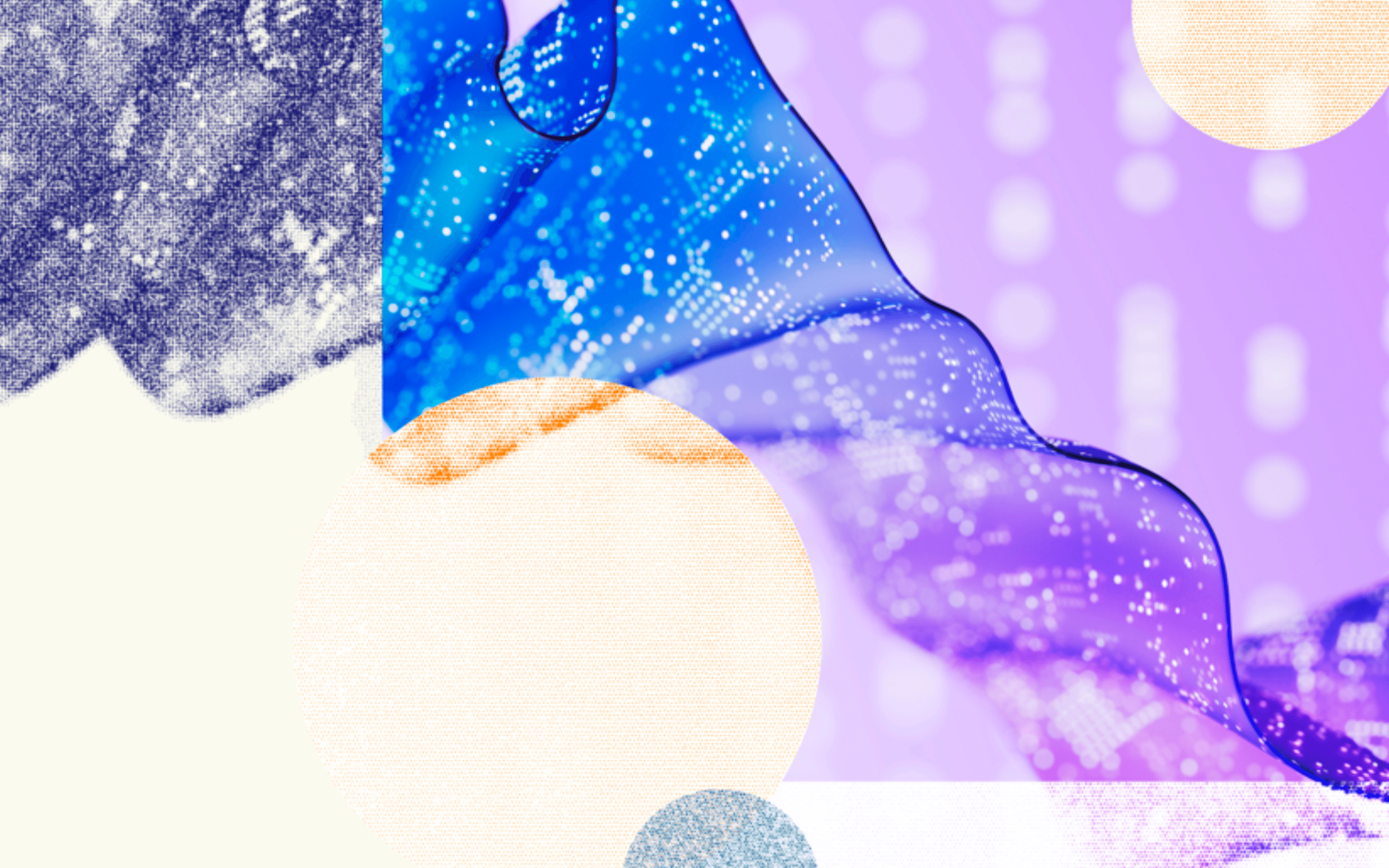 An abstract digital collage blending organic shapes and tech textures against a light purple rectangular background. A flowing, wave-like ribbon of vibrant blue and purple, speckled with glowing digital data points, sweeps diagonally across the frame. This central element is layered with a large, textured beige circle in the foreground, a dark blue painterly brushstroke shape in the top-left, and soft, out-of-focus digital light patterns in the background, symbolizing data flow and technology integration.
