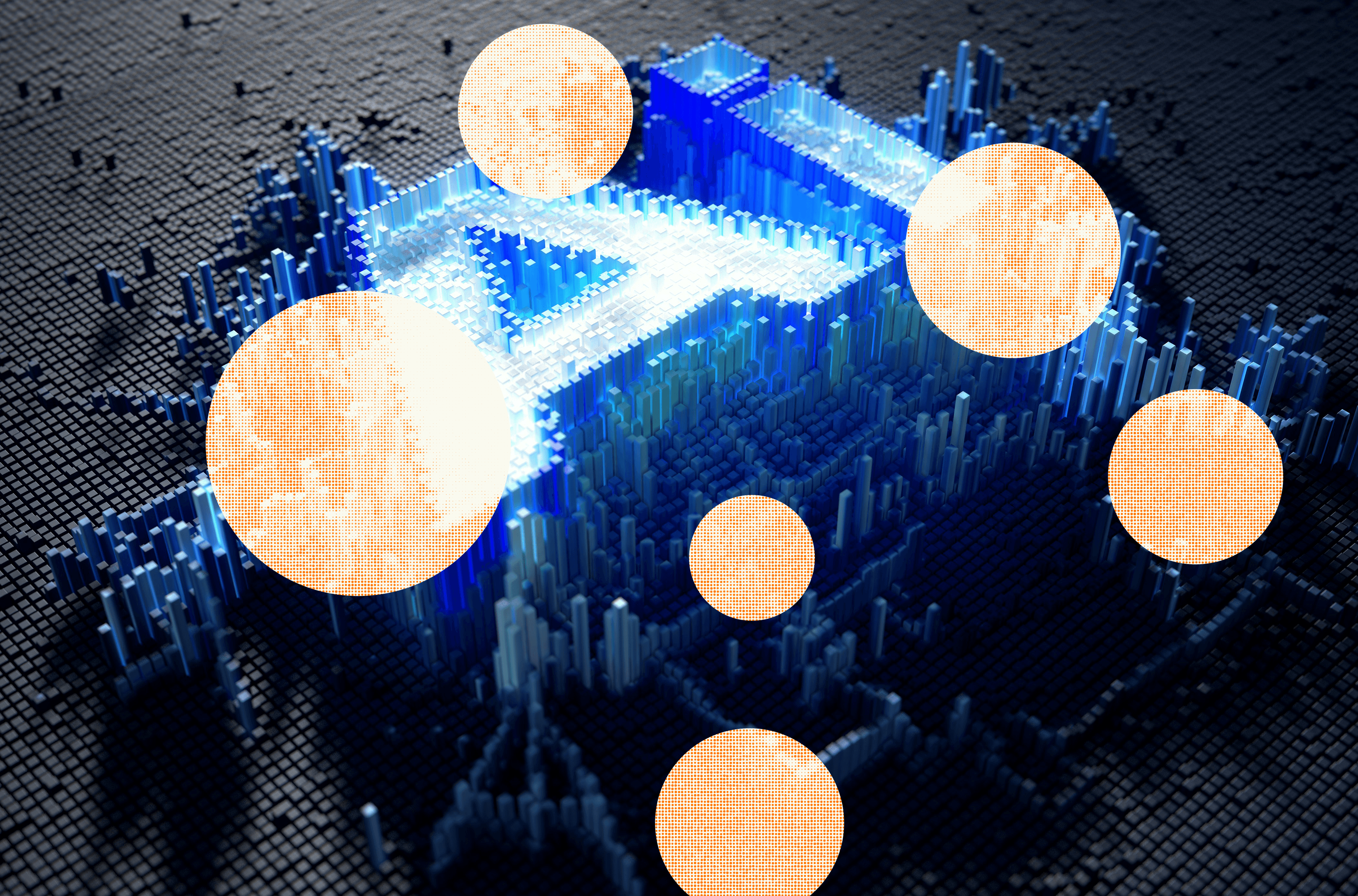 Collage-style graphic of a glowing blue letters formed from 3D voxel blocks rising out of a dark grid landscape, layered with orange halftone circles.