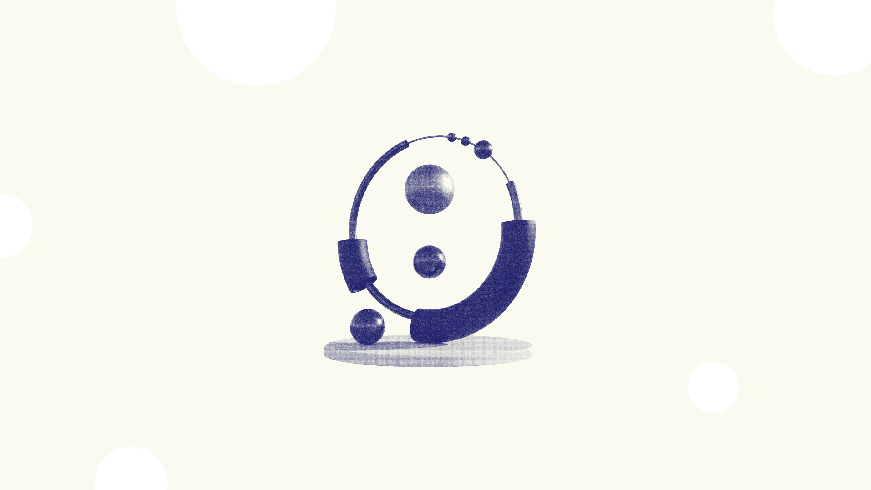 Abstract illustration representing the Engineering & Platforms pillar, depicted as a navy blue orrery-like structure with orbiting spheres and circular rings on a platform, with a stipple dot texture.