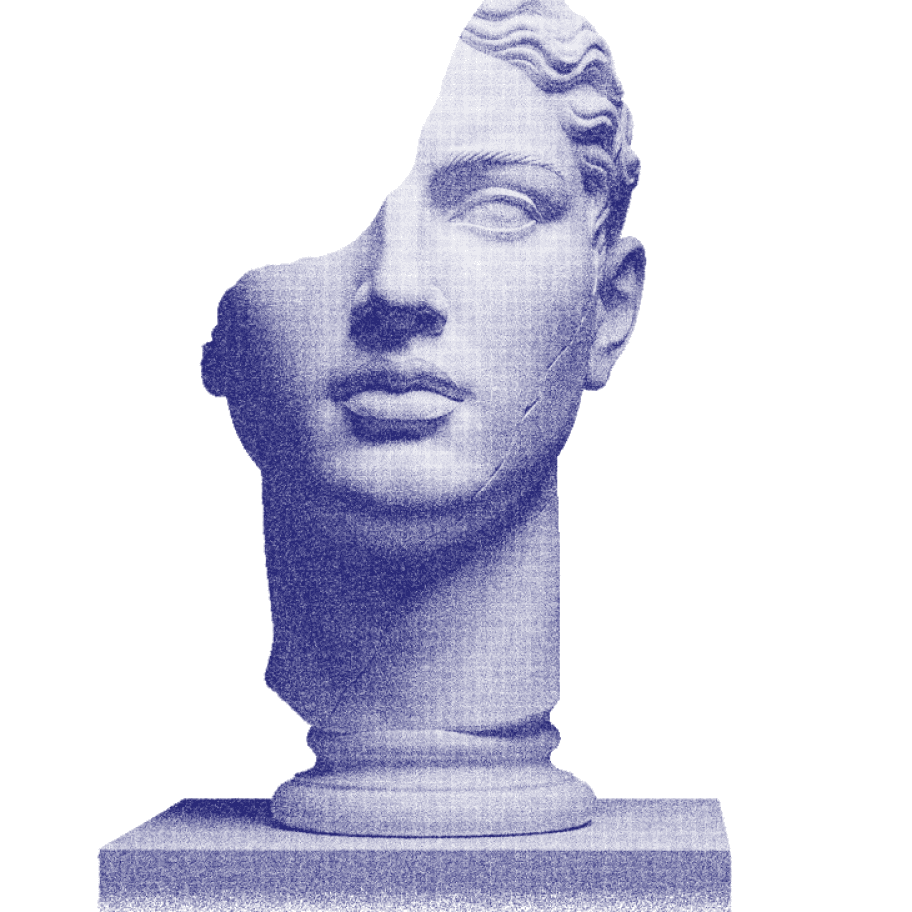 Abstract illustration representing the Consulting pillar, depicted as a navy blue silhouette of a sculptural figure on a pedestal, with a stipple dot texture.