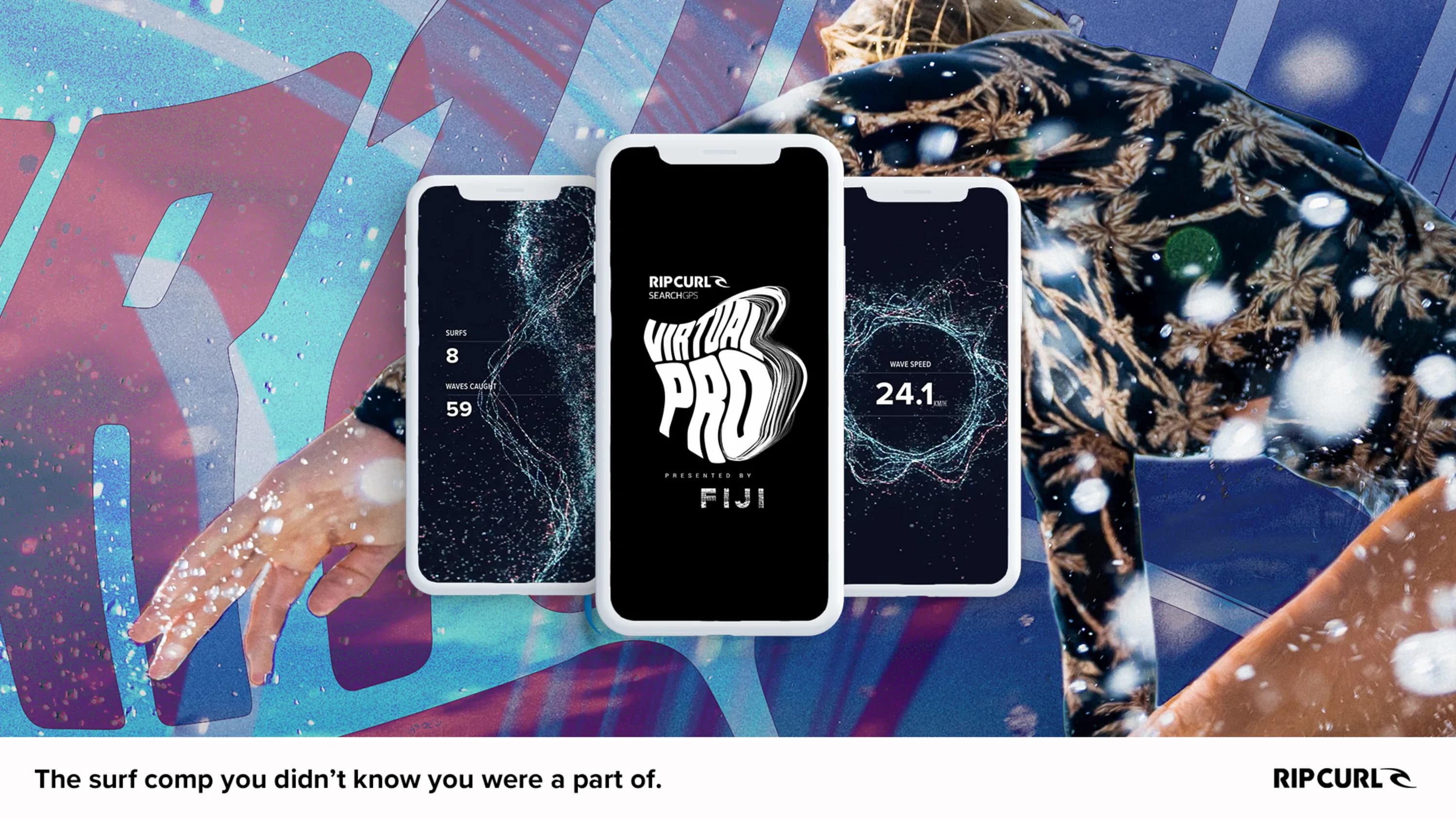 Rip Curl SearchGPS Virtual Pro campaign graphic: three phones showing the surf-tracking app over a stylised photo of a surfer riding a wave.