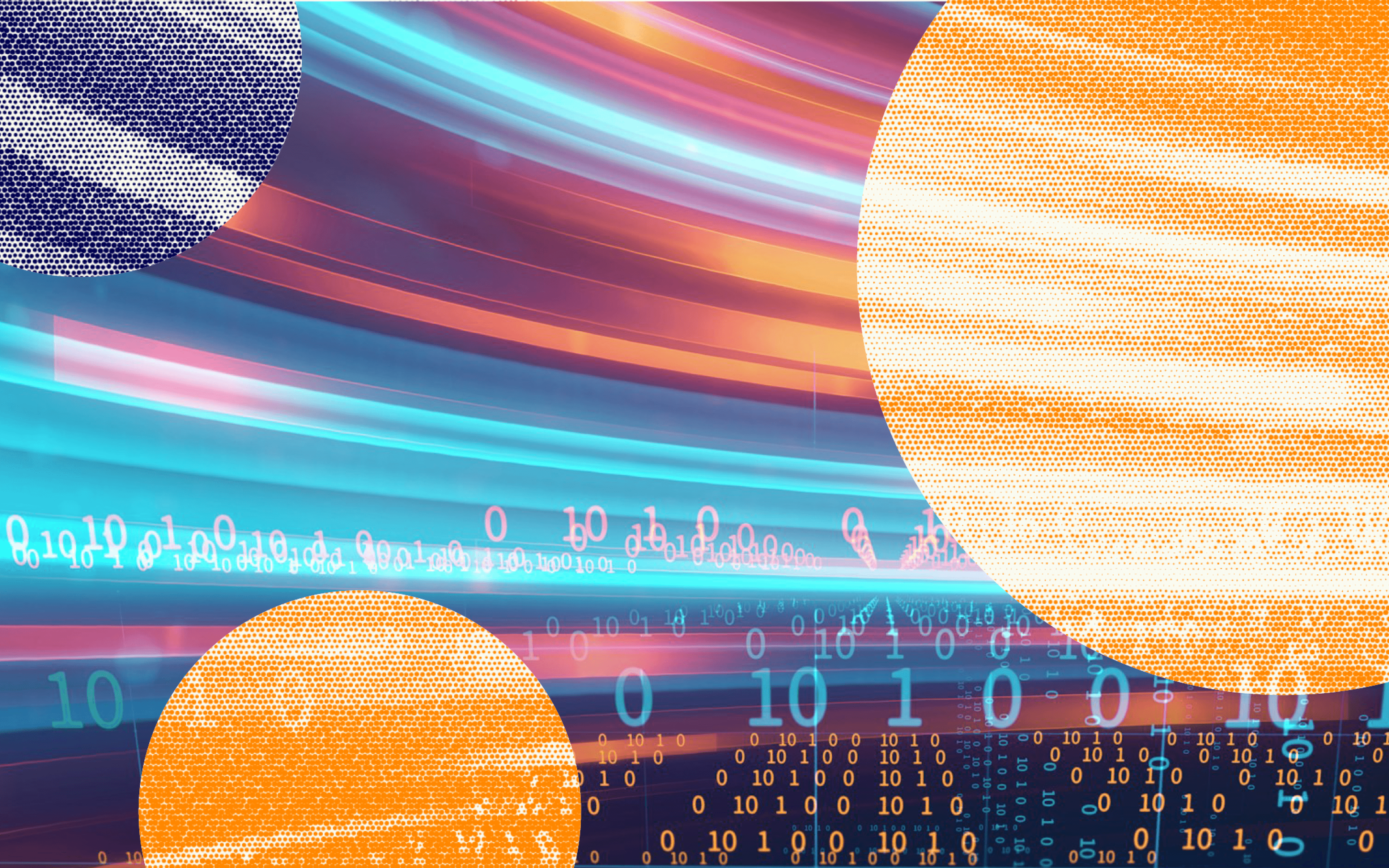 A close-up abstract digital illustration depicting high-speed data flow and digital technology. Sweeping horizontal light streaks in neon blue, warm orange, and violet cut across a dark background, layered with glowing digital strings of binary code (0s and 1s). The composition is framed by a large, textured orange circular gradient on the right, a smaller orange circle in the bottom-left, and a speckled grey sphere in the top-left, conveying a sense of rapid data processing and connectivity.