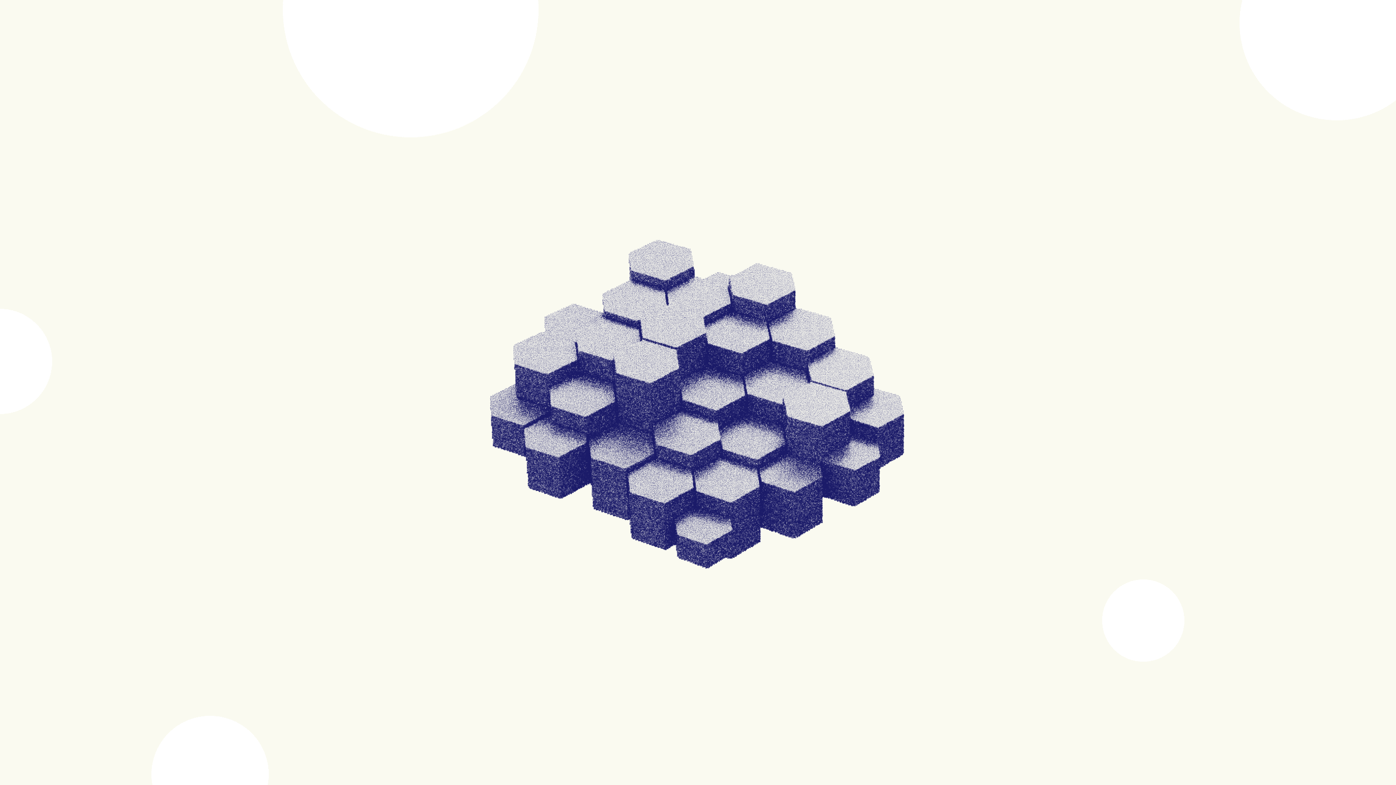 Abstract illustration representing the CRM & Loyalty pillar, depicted as a cluster of navy blue isometric hexagonal blocks with a stipple dot texture.