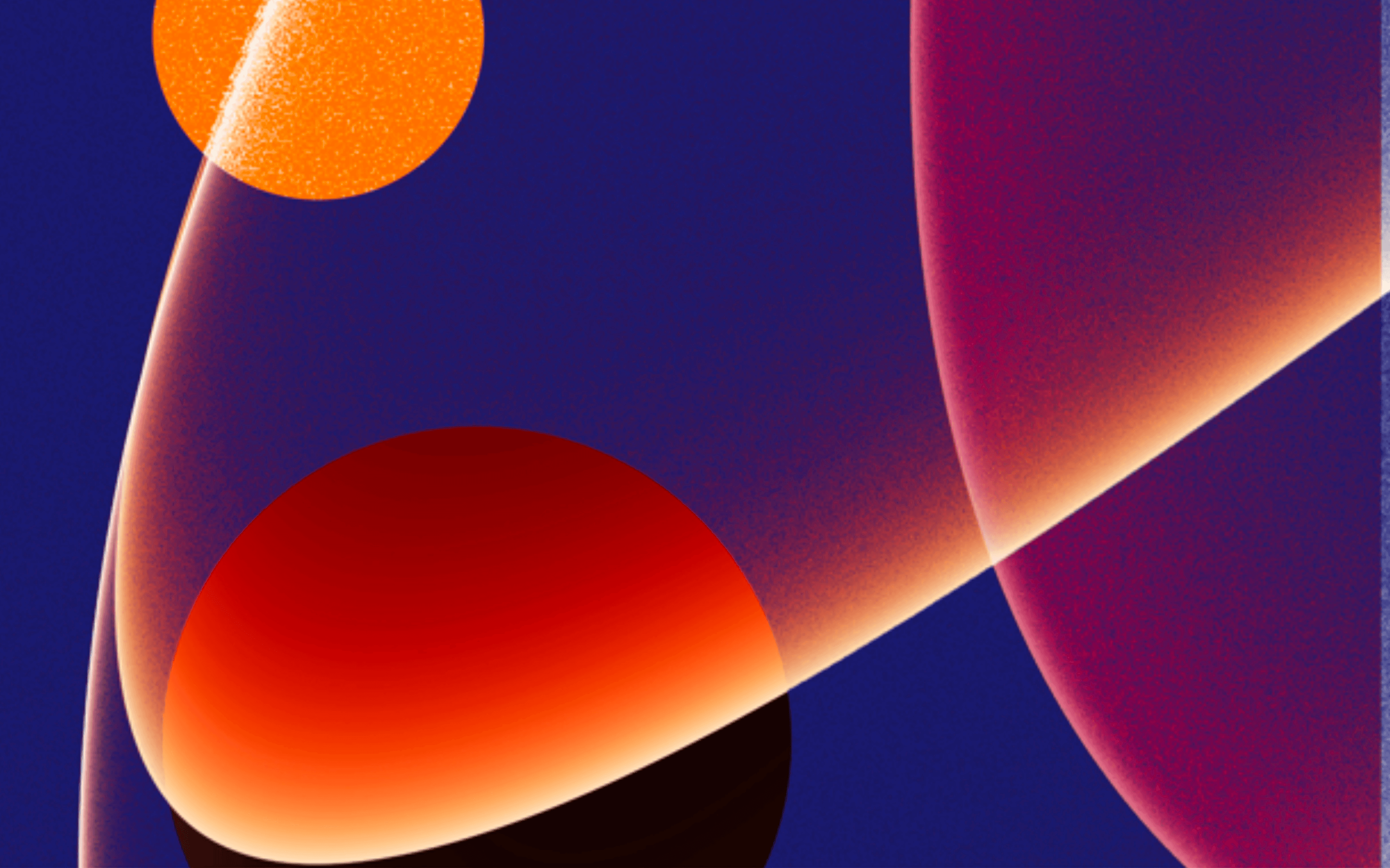 A close-up abstract digital illustration showcasing sweeping curves of glowing orange and white light layered over a deep navy-blue background. A textured orange circle floats in the top-left corner, while a large, warm red-orange spherical gradient dominates the lower-left, and a textured purple-red curve frames the right side. The elegant play of light, smooth gradients, and rich textures creates a dynamic sense of motion, warmth, and depth.