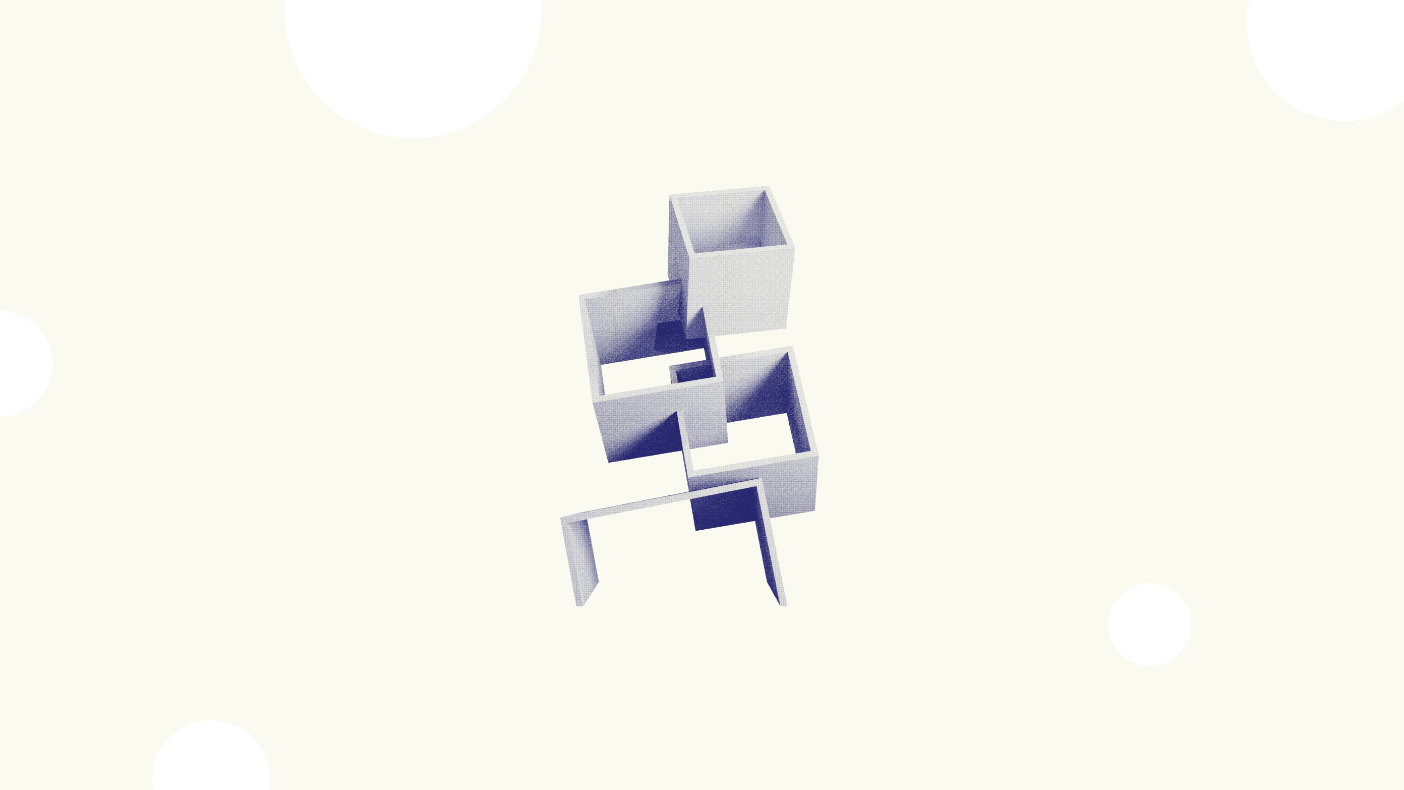 Sculptural arrangement of open, interlocking cube forms in indigo, evoking the connected stages of a customer journey.