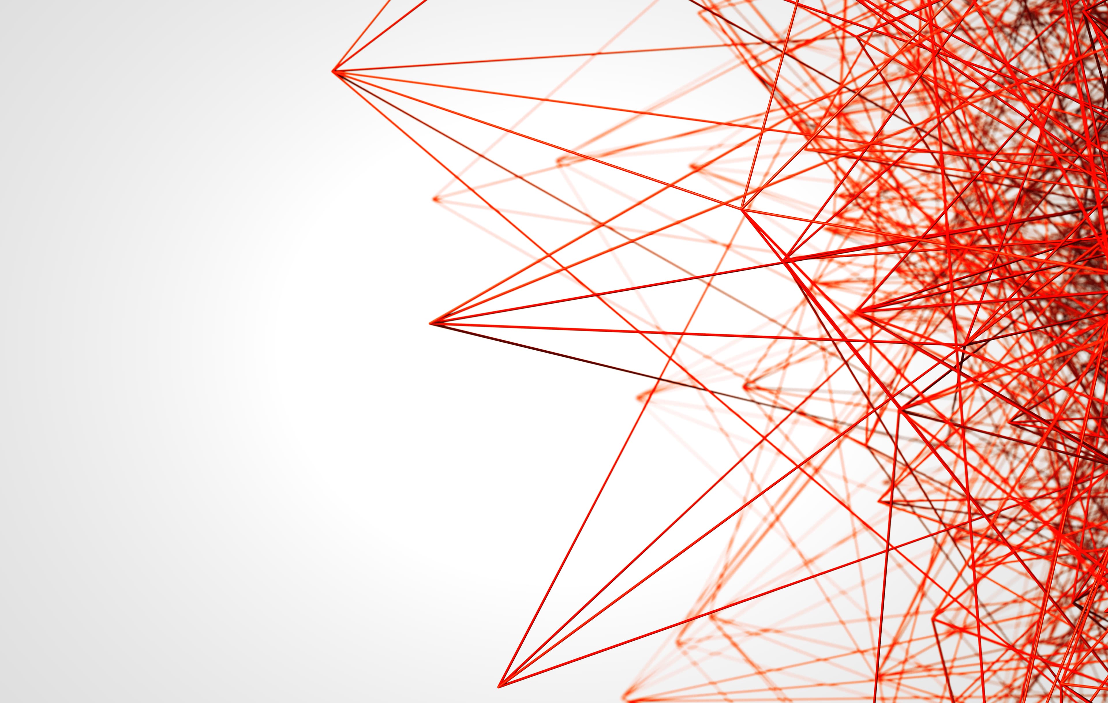 A minimalist abstract graphic of interconnected red lines forming a complex geometric network over a white background.